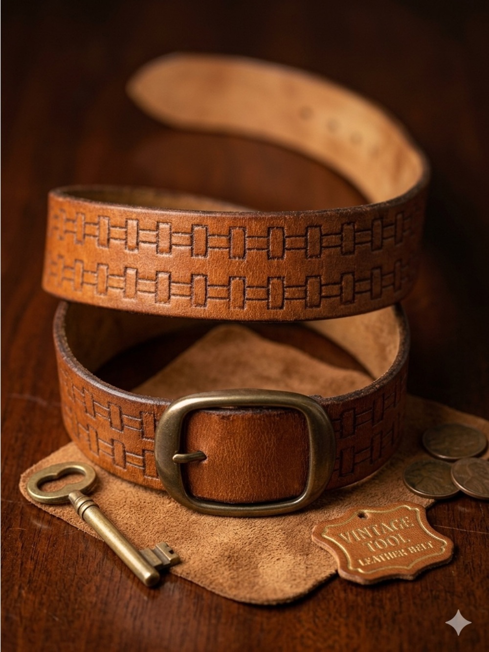 Men's Brown Leather Belt with Brushed Brass Buckle